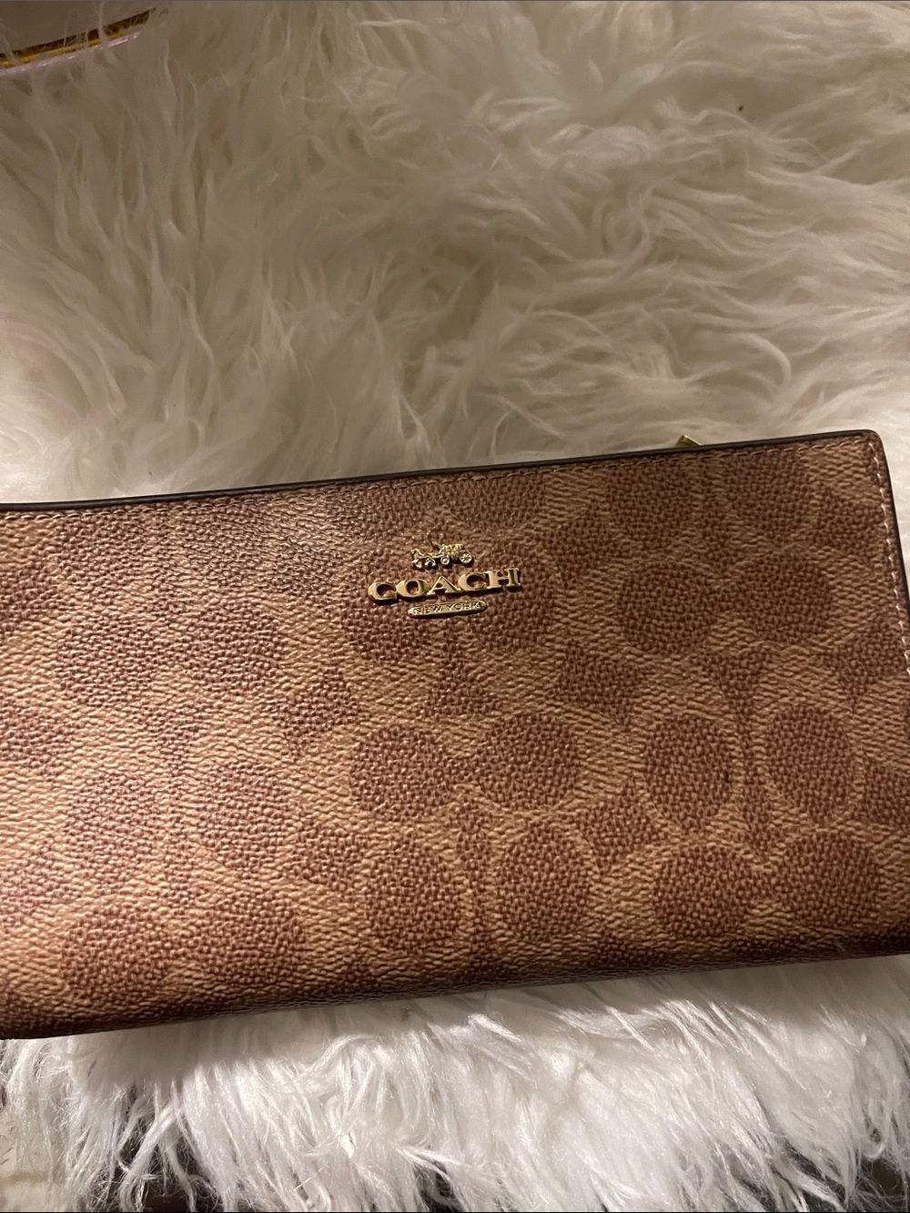 Coach Brown Signature Monogram Zip Wallet with Gold Logo (authentic)